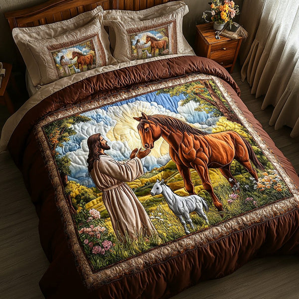 Gentle Spirit quilted 3-piece bedding set on a made bed with two matching pillow shams