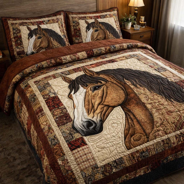 Gentle Stallion quilted 3-piece bedding set on a made bed in a rustic timber bedroom