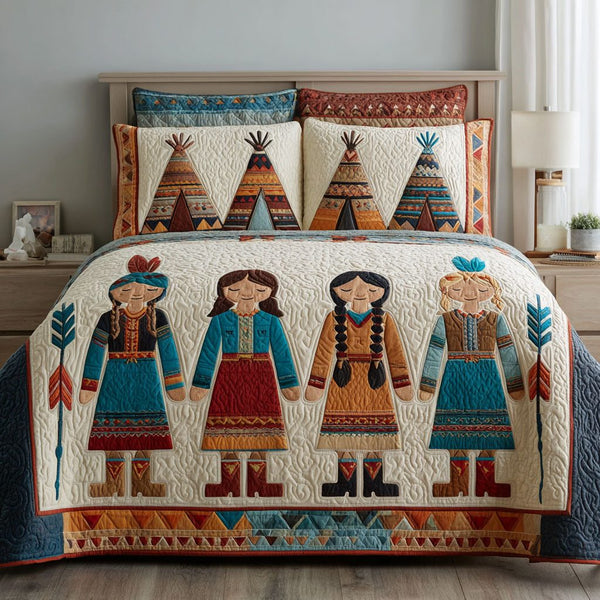 Gentle Story quilted 3-piece bedding set on a made bed with two matching pillow shams