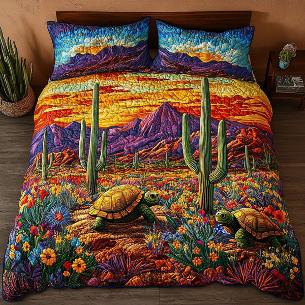 Gentle Trekker quilted 3-piece bedding set on a made bed with two matching pillow shams