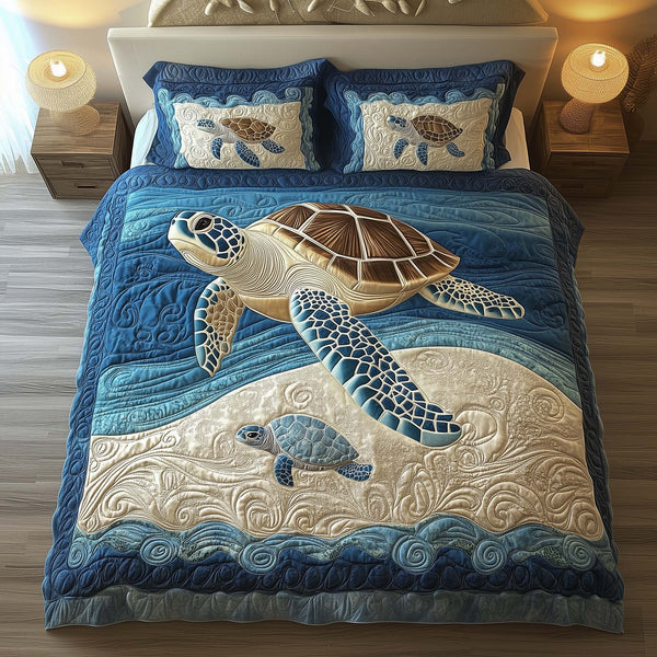 Gentle Turtle quilted 3-piece bedding set on a made bed in a light coastal bedroom