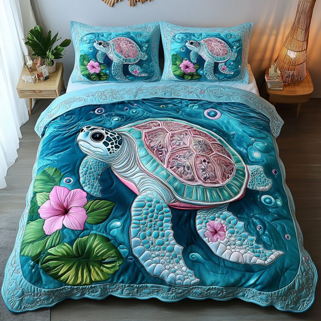 Gentle Turtle quilted 3-piece bedding set on a made bed in a light coastal bedroom