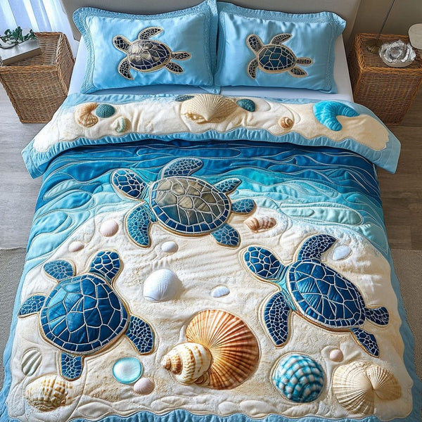 Gentle Turtle Waves quilted 3-piece bedding set on a made bed in a light coastal bedroom