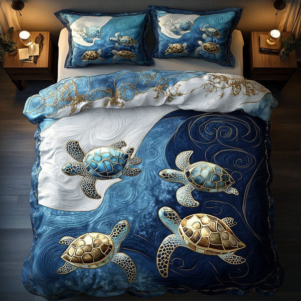 Gentle Turtle Waves quilted 3-piece bedding set on a made bed in a light coastal bedroom