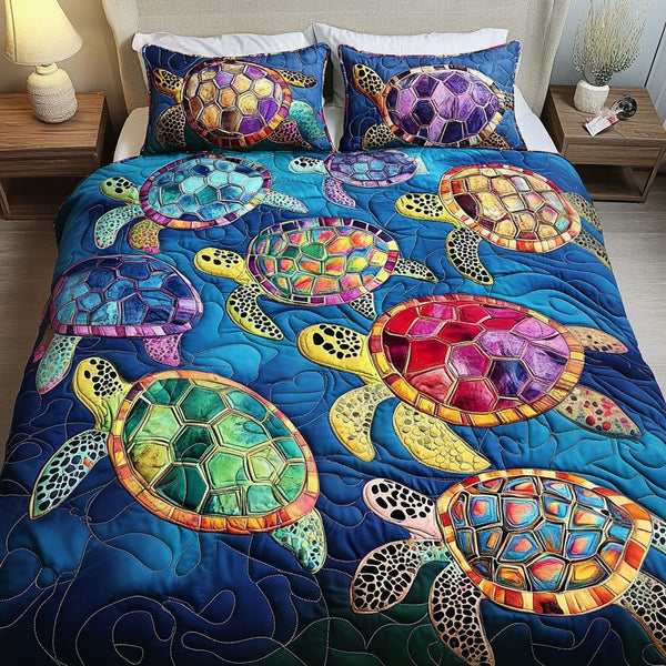 Gentle Waves quilted 3-piece bedding set on a made bed in a light coastal bedroom