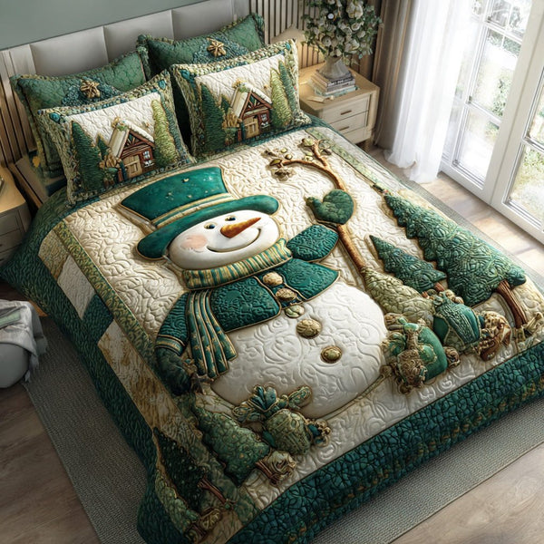 Gentle Winter Snowman quilted 3-piece bedding set on a made bed in a winter-styled bedroom