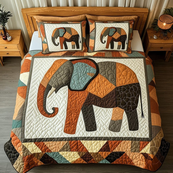 Geometric Elephant quilted 3-piece bedding set on a made bed with two matching pillow shams