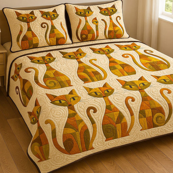 Geometric Gaze quilted 3-piece bedding set on a made bed with two matching pillow shams