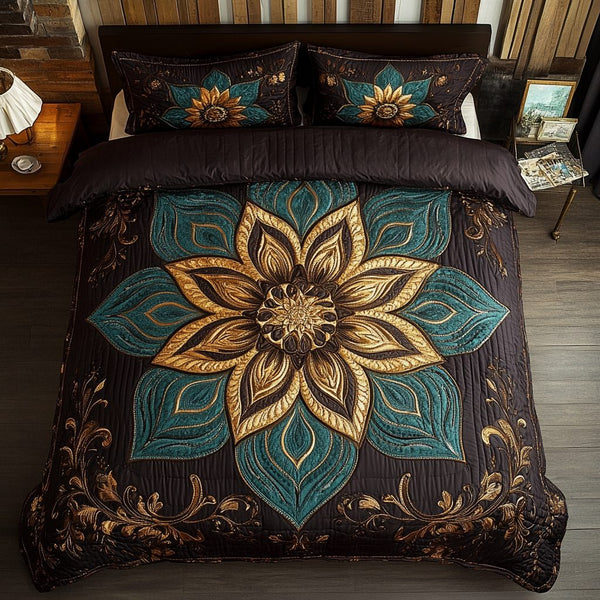 Geometric Glow quilted 3-piece bedding set on a made bed with two matching pillow shams