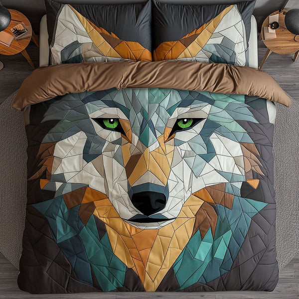 Geometric Predator quilted 3-piece bedding set on a made bed with two matching pillow shams