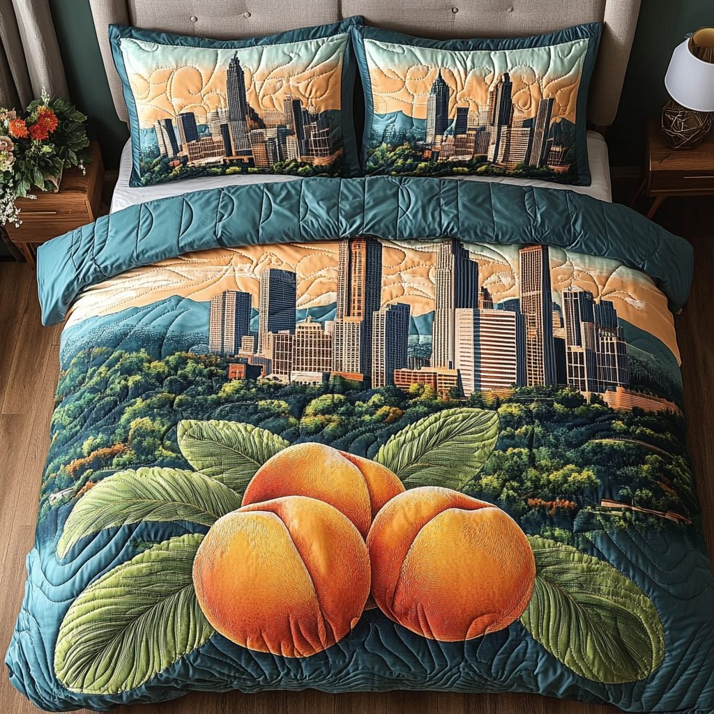 George Peach Delight quilted 3-piece bedding set on a made bed with two matching pillow shams