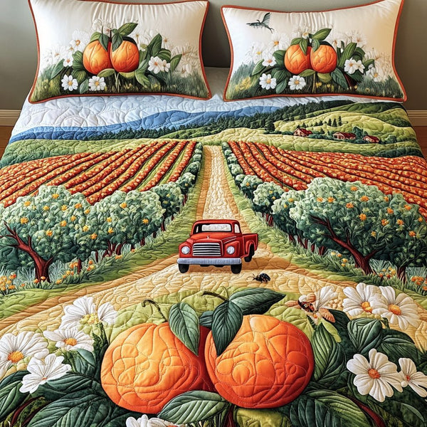George Peach Fields quilted 3-piece bedding set on a made bed with two matching pillow shams