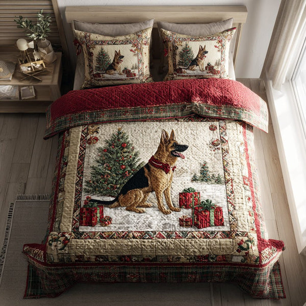 German Shepherd Presents quilted 3-piece bedding set on a made bed with two matching pillow shams