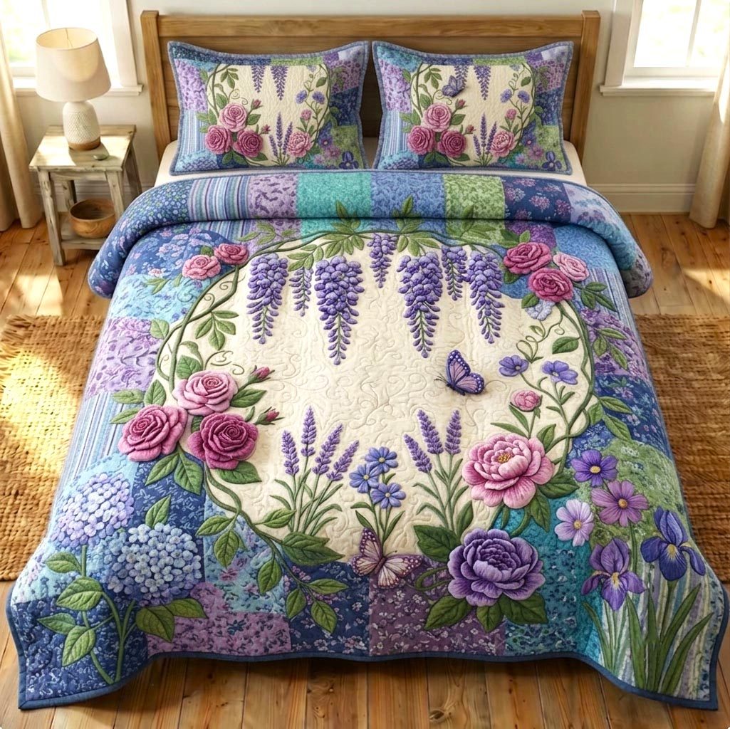 GFTONMU1603_C1_1 quilted 3-piece bedding set on a made bed with two matching pillow shams