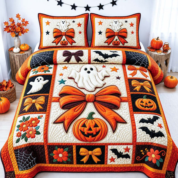 Ghost Bow Magic quilted 3-piece bedding set on a made bed against a dark styled interior
