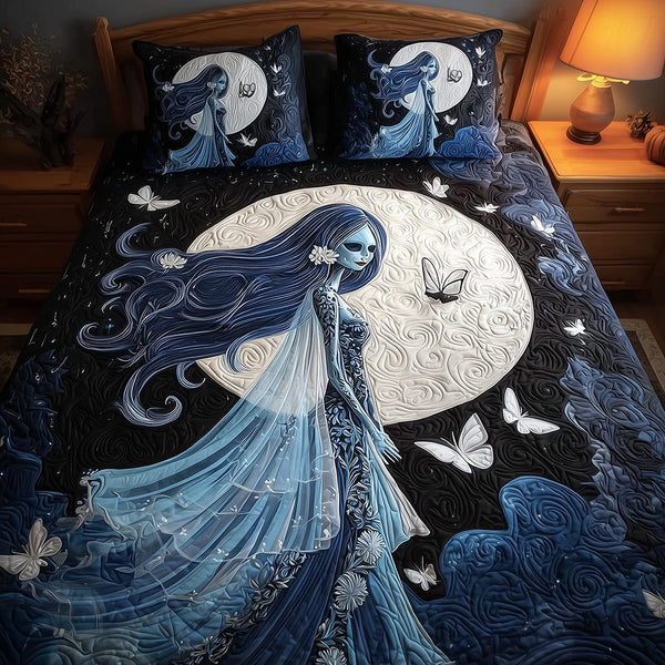 Ghost Bride quilted 3-piece bedding set on a made bed against a dark styled interior