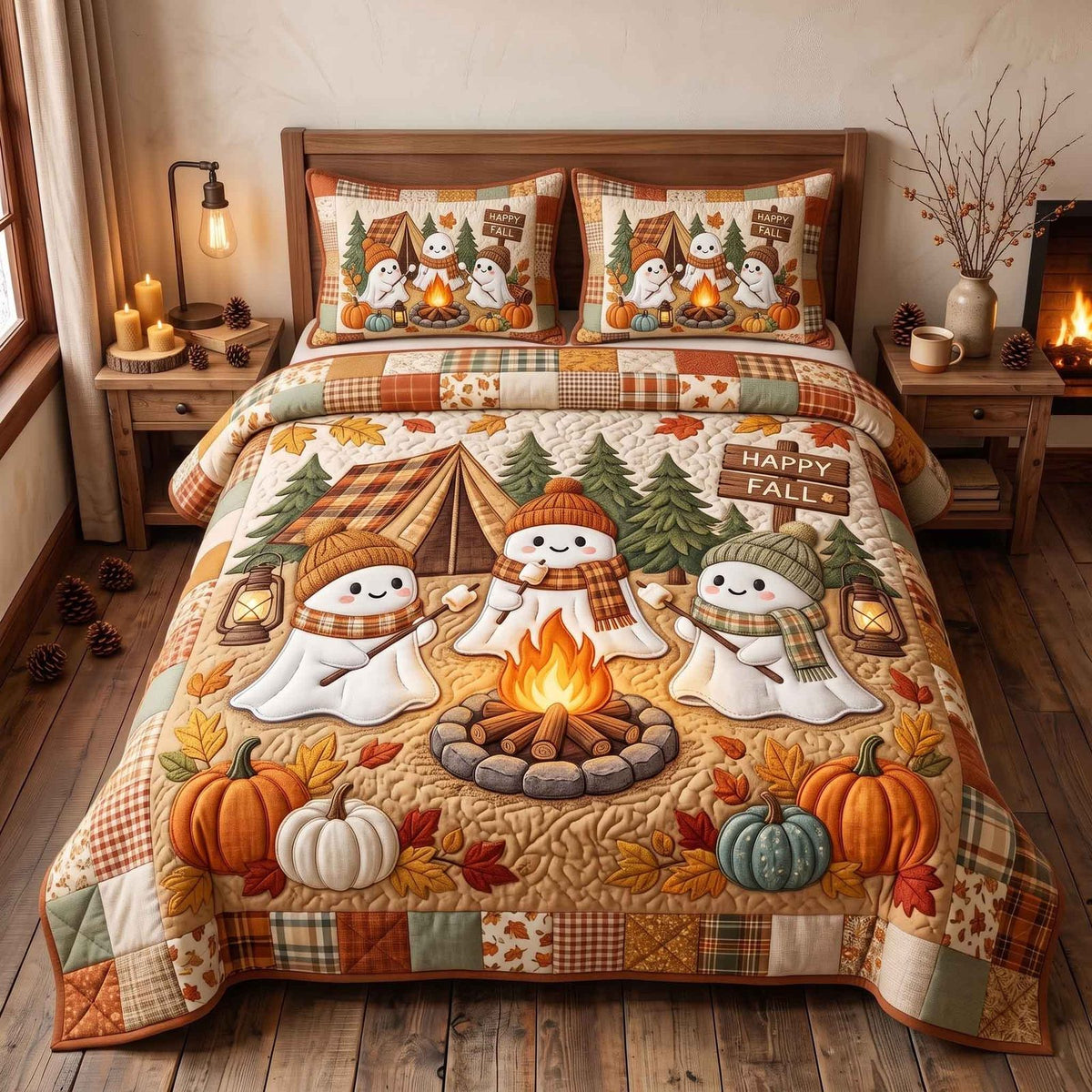 Ghost Campout quilted 3-piece bedding set on a made bed against a dark styled interior