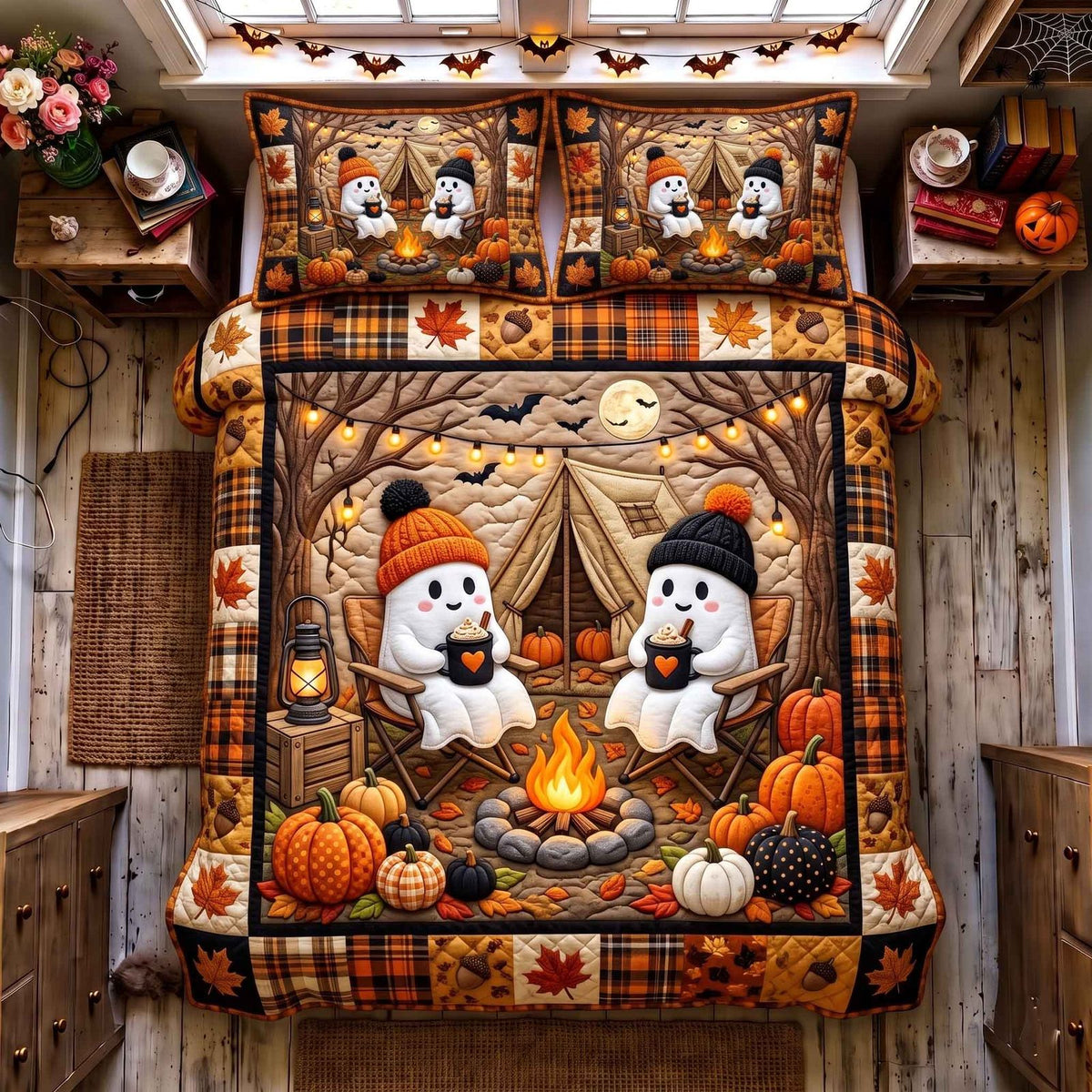 Ghost Campout quilted 3-piece bedding set on a made bed against a dark styled interior