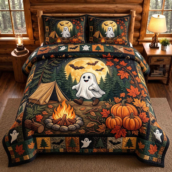 Ghost Campout quilted 3-piece bedding set on a made bed against a dark styled interior