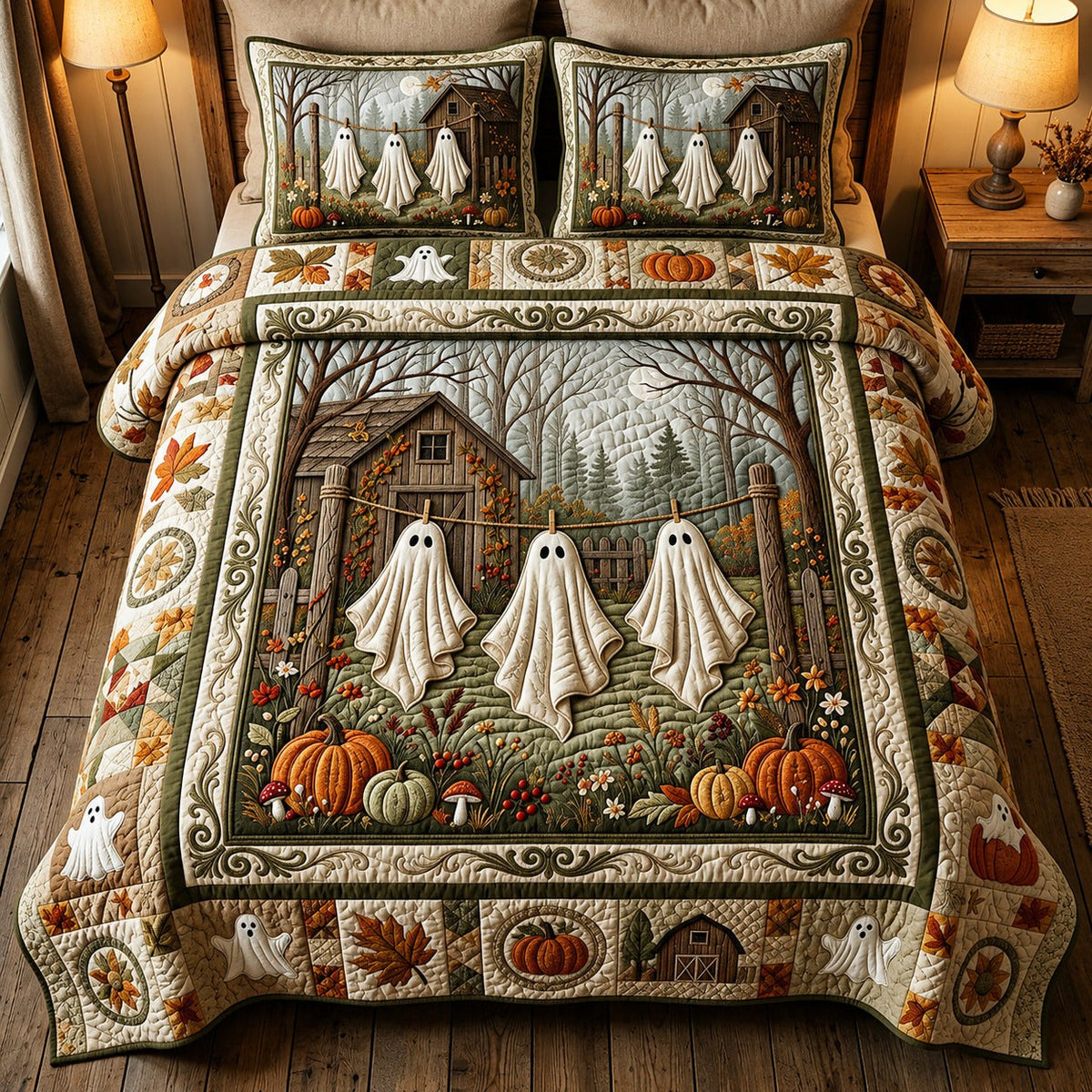 Ghost Clothesline quilted 3-piece bedding set on a made bed against a dark styled interior