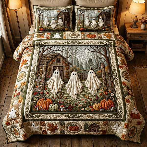 Ghost Clothesline quilted 3-piece bedding set on a made bed against a dark styled interior