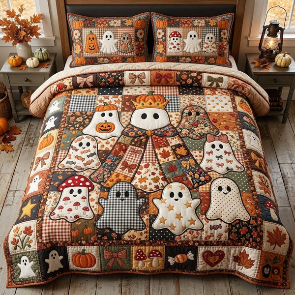 Ghost Costume Contest quilted 3-piece bedding set on a made bed against a dark styled interior