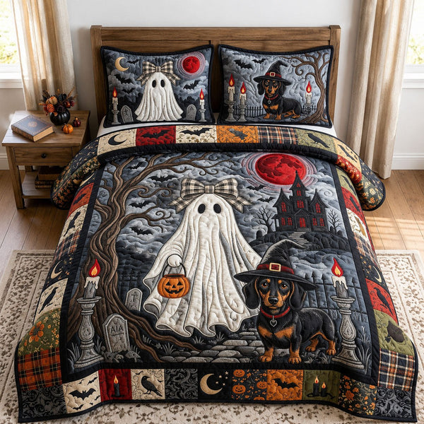Ghost Dachshund Witch Hat quilted 3-piece bedding set on a made bed against a dark styled interior
