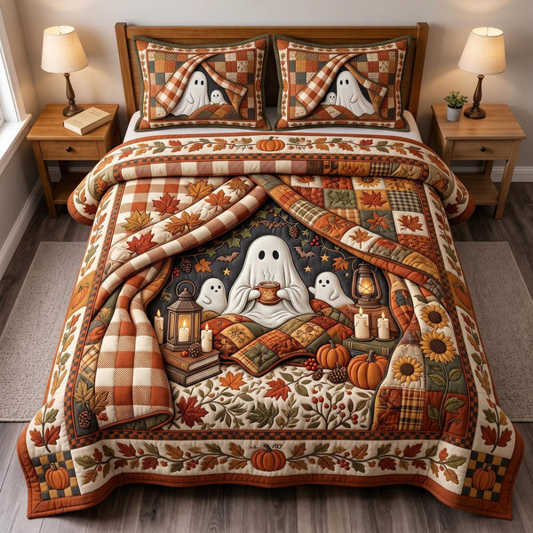 Ghost Dreams quilted 3-piece bedding set on a made bed against a dark styled interior