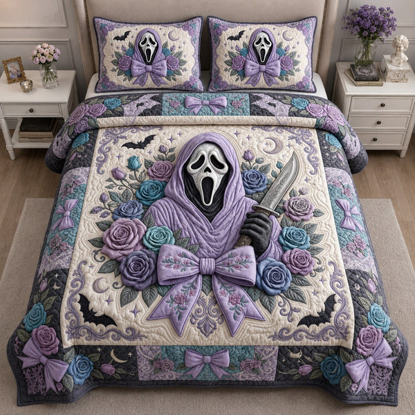Ghost Floral quilted 3-piece bedding set on a made bed against a dark styled interior