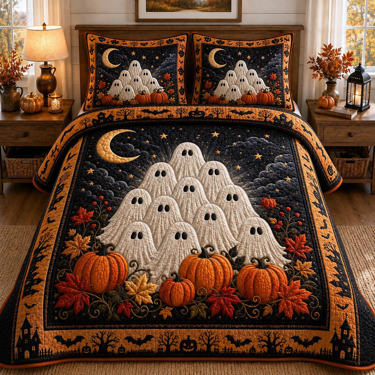 Ghost Gathering quilted 3-piece bedding set on a made bed against a dark styled interior