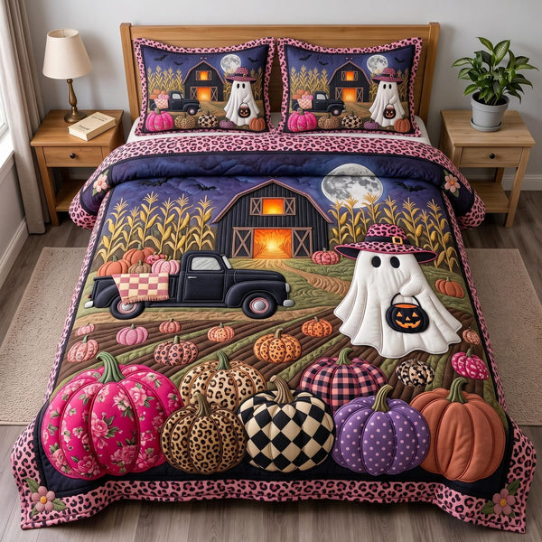 Ghost Harvest quilted 3-piece bedding set on a made bed against a dark styled interior