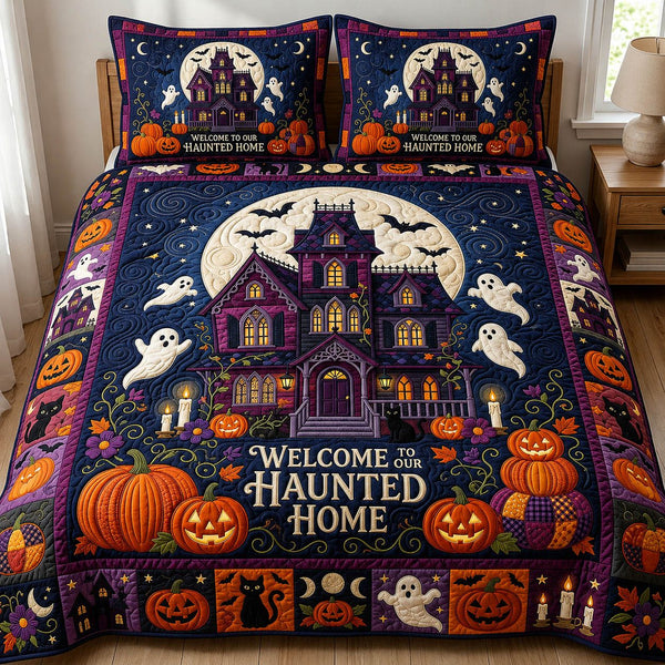 Ghost Haunted Home quilted 3-piece bedding set on a made bed against a dark styled interior