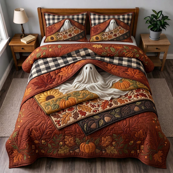 Ghost Haven quilted 3-piece bedding set on a made bed against a dark styled interior