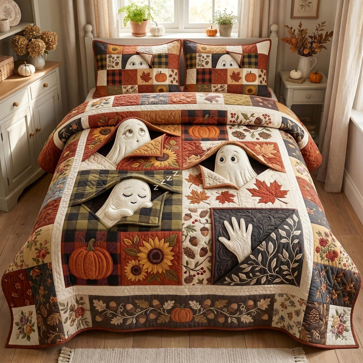 Ghost Magic quilted 3-piece bedding set on a made bed against a dark styled interior