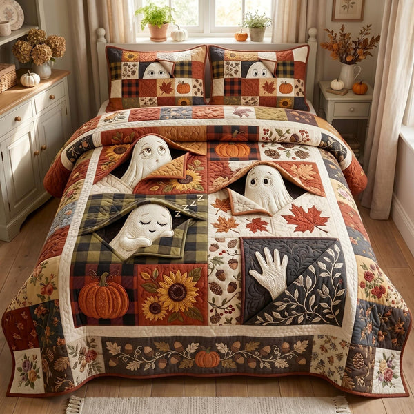 Ghost Magic quilted 3-piece bedding set on a made bed against a dark styled interior
