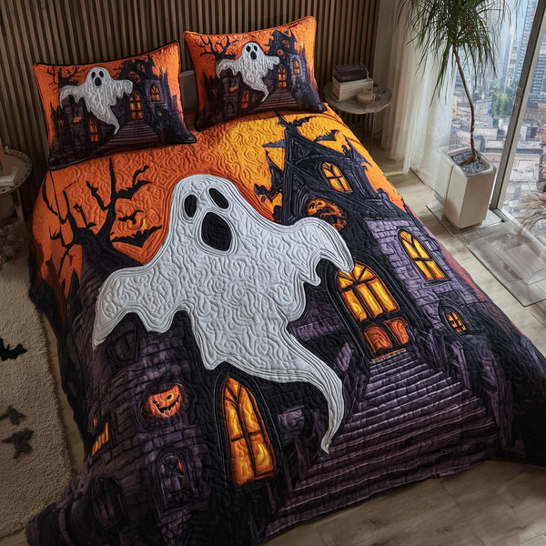 Ghost Manor quilted 3-piece bedding set on a made bed against a dark styled interior