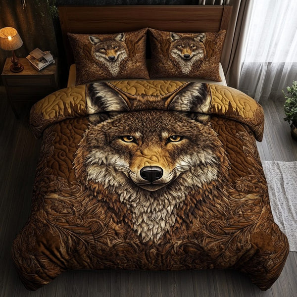 Ghost of the Desert quilted 3-piece bedding set on a made bed against a dark styled interior