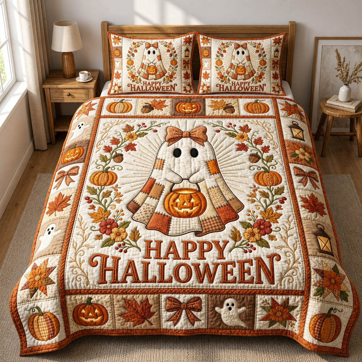 Ghost Patchwork quilted 3-piece bedding set on a made bed against a dark styled interior