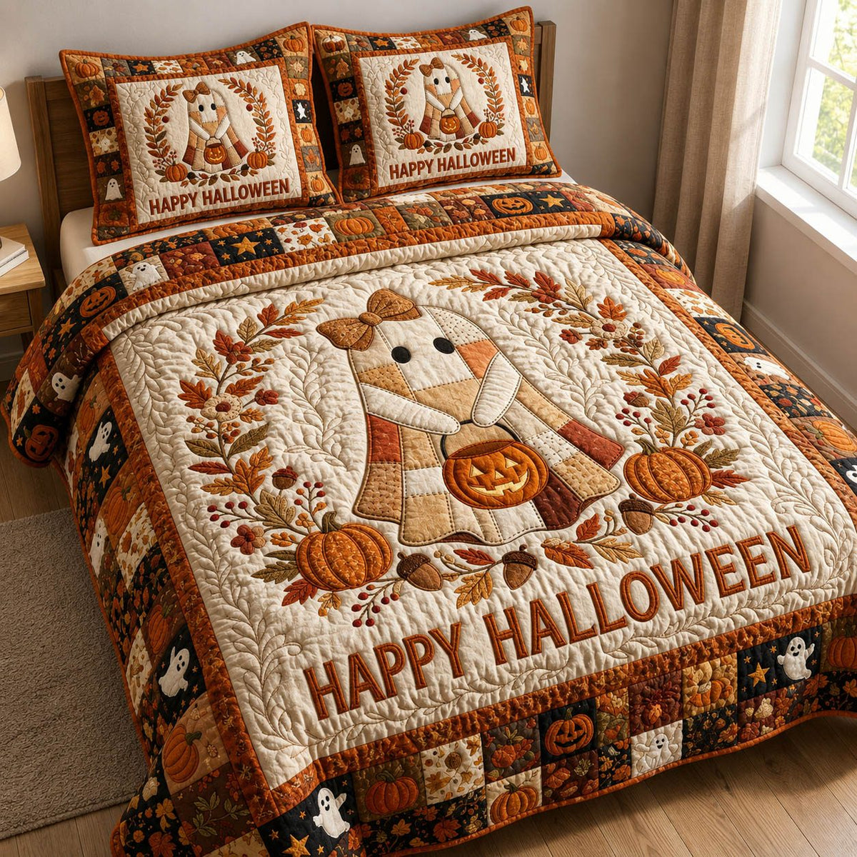 Ghost Patchwork quilted 3-piece bedding set on a made bed against a dark styled interior
