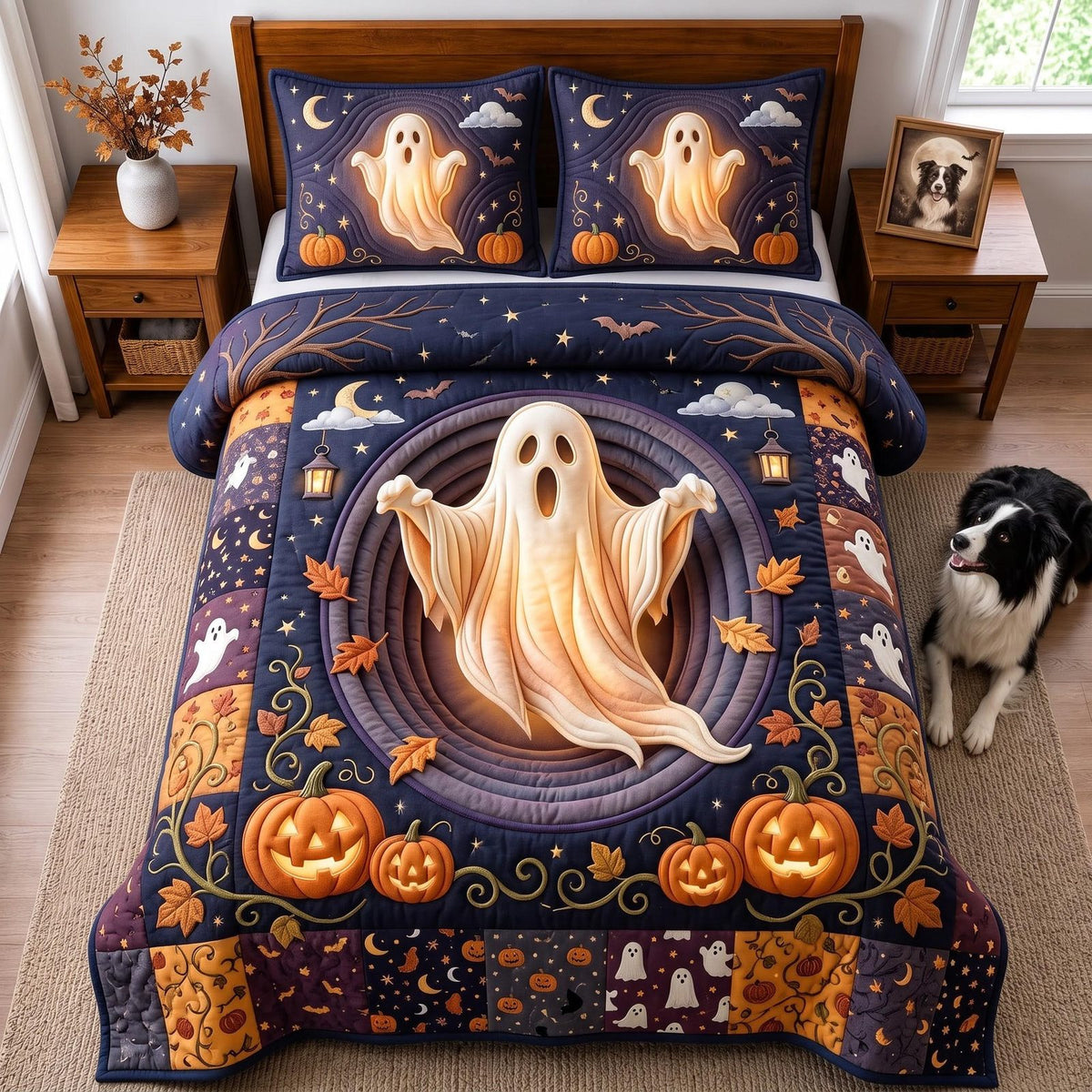 Ghost Pumpkin quilted 3-piece bedding set on a made bed against a dark styled interior