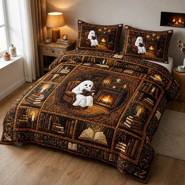 Ghost Reading Book quilted 3-piece bedding set on a made bed against a dark styled interior