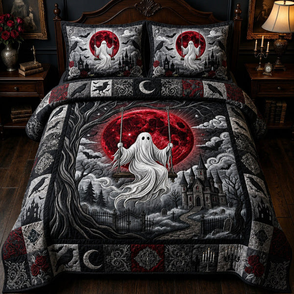 Ghost Swing Blood Moon quilted 3-piece bedding set on a made bed against a dark styled interior