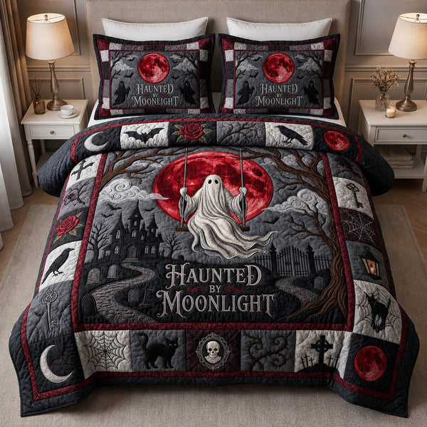 Ghost Swing quilted 3-piece bedding set on a made bed against a dark styled interior