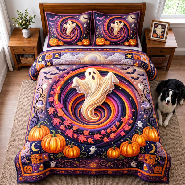 Ghost Swirl quilted 3-piece bedding set on a made bed against a dark styled interior