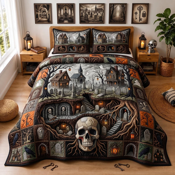 Ghost Town quilted 3-piece bedding set on a made bed against a dark styled interior