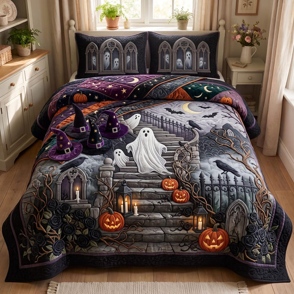 Ghost Vibes quilted 3-piece bedding set on a made bed against a dark styled interior