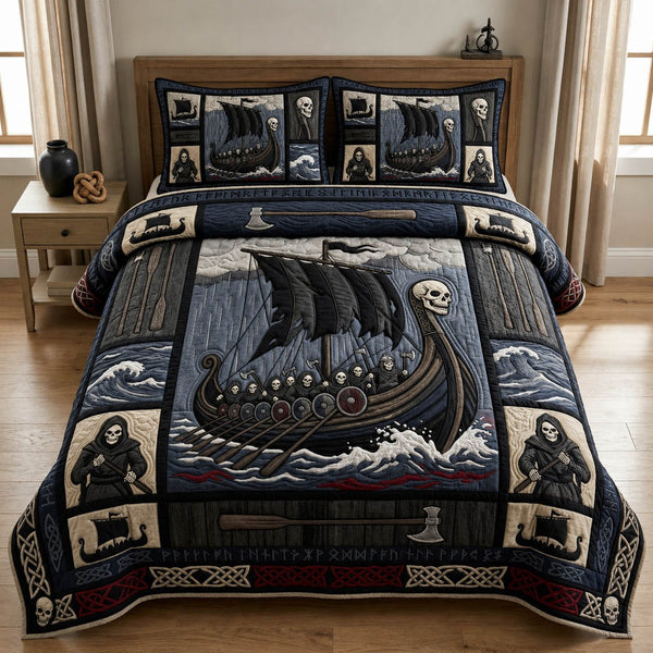Ghost Viking Ship quilted 3-piece bedding set on a made bed against a dark styled interior
