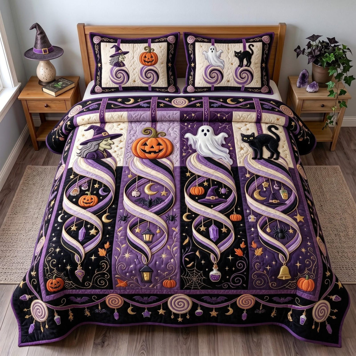 Ghost Whimsy quilted 3-piece bedding set on a made bed against a dark styled interior