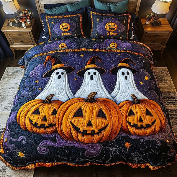 Ghost Whisper quilted 3-piece bedding set on a made bed against a dark styled interior