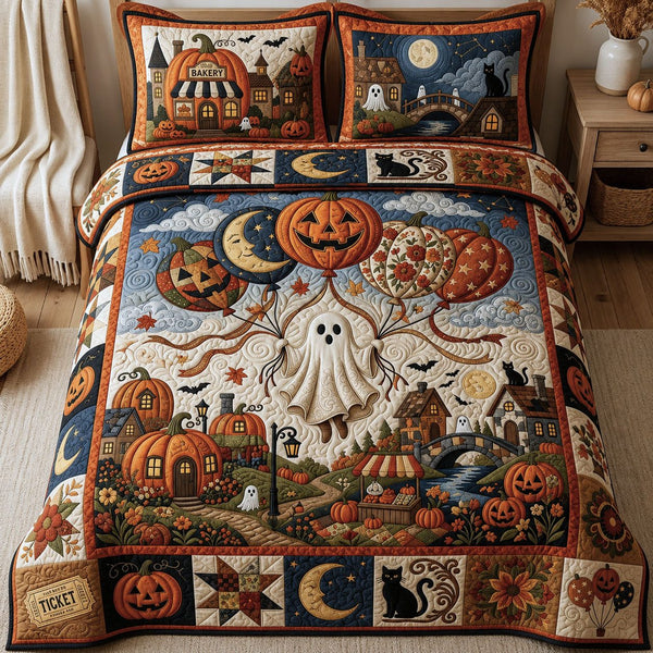 Ghost With Balloons quilted 3-piece bedding set on a made bed against a dark styled interior